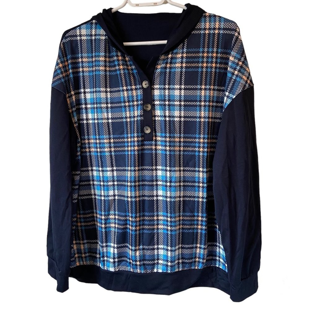 Shein NWT Women's Navy Blue Plaid Print Long Sleeve Hooded Tee Size XL